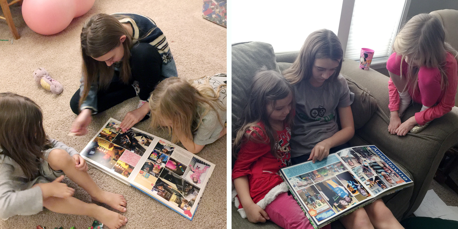 Picture of my kids looking at our scrapbooked memories