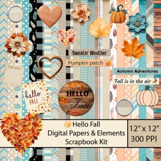 Digital Scrapbook Kit with an Autumn theme with light orange, teal, and tan colors.
