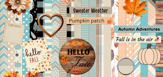 Digital Scrapbook Kit with an Autumn theme with light orange, teal, and tan colors.