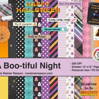 A digital scrapbook kit with a Halloween theme, consisting of orange, black, and purple colors.