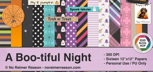 A digital scrapbook kit with a Halloween theme, consisting of orange, black, and purple colors.
